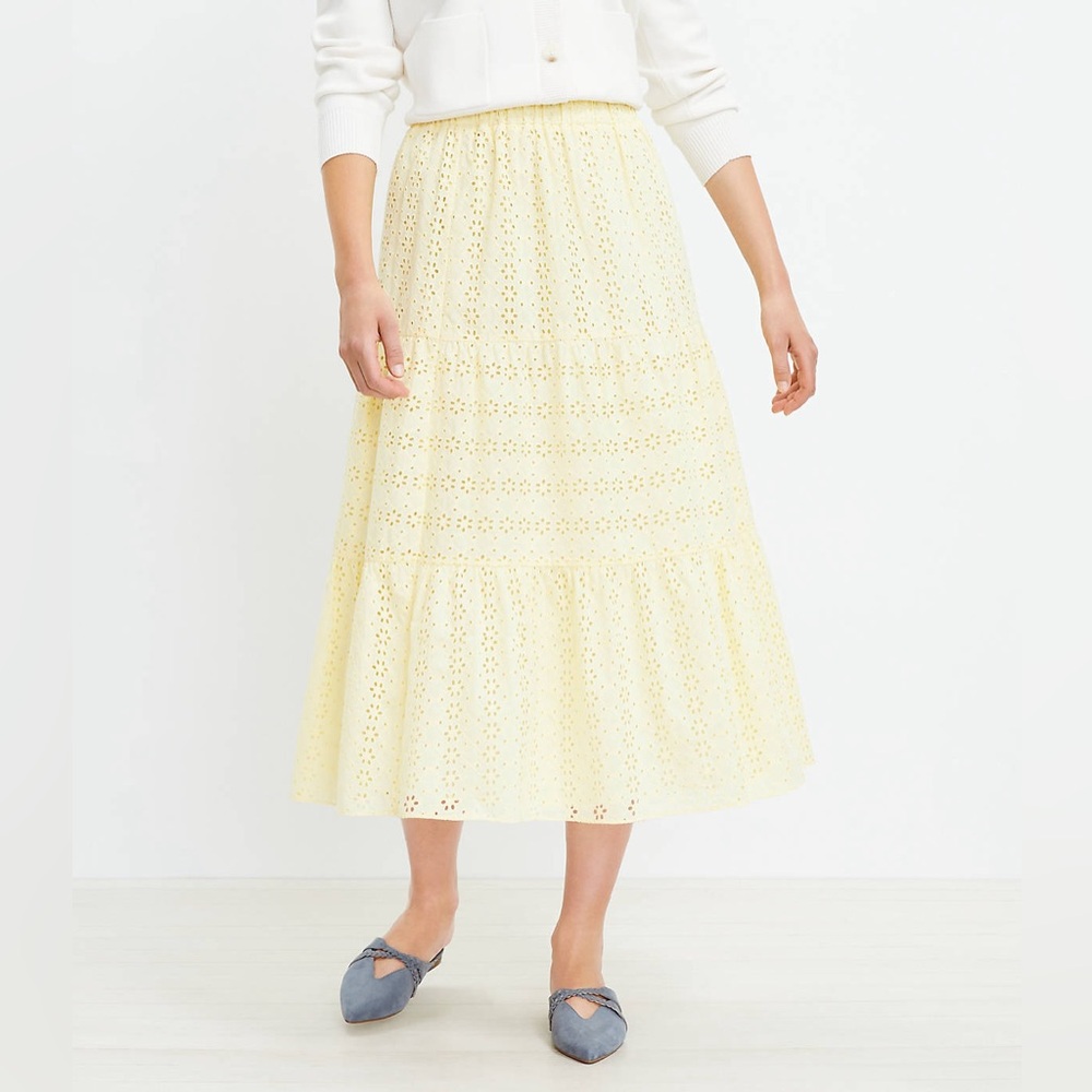 LOFT Petite Eyelet Tiered Pull On Midi Skirt L
